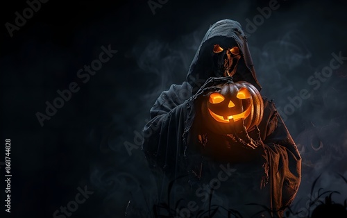 Grim reaper holding halloween pumpkin on black background with smoke. Carved Jack-o'-lantern. Death in black clothes. Scary haunting monster. Banner with copy space