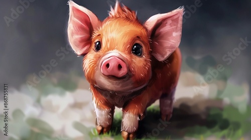  A little pig stands on a patch of grass, with ears up and eyes wide, looking straight ahead
