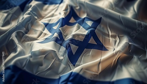 Israel flag waving in the wind, vibrant colors, high contrast, digital rendering