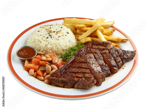 Prato feito de comida com arroz, feijão, bife e batata frita, conhecido como PF no Brasil, ideal para uso culinário e cultural