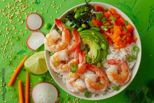 Shrimp poke bowl with avocado radish carrot tomato chuka seaweed white rice soy lime dressing on green background