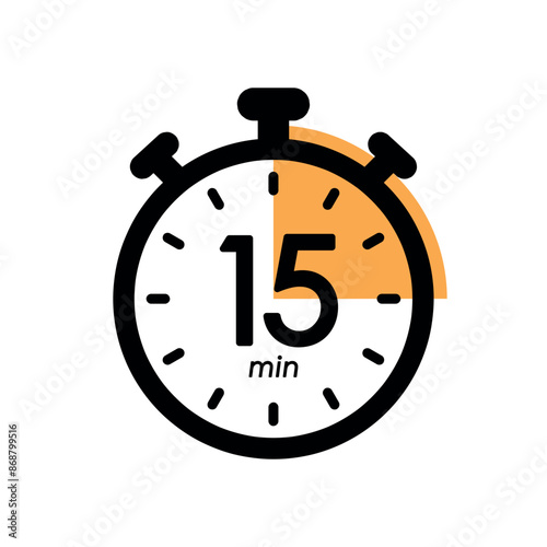 fifteen minutes stopwatch icon, timer symbol, cooking time, cosmetic or chemical application time, 15 min waiting time vector illustration