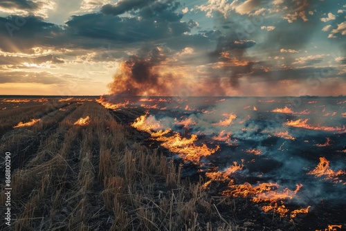 Steppe fires in severe drought destroy fields cause environmental and economic damage threaten residential buildings and are extinguished by