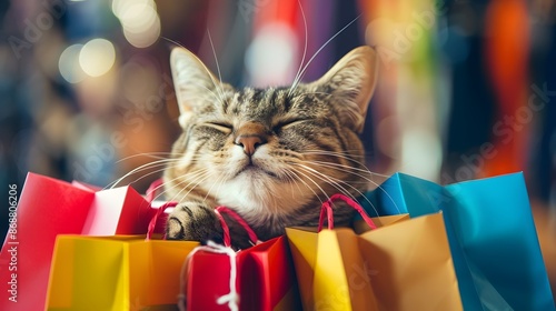 delighted cat with shopping bags 