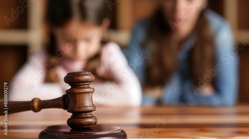 A close-up of a wooden judges gavel with a blurred child in the background. A concept image of child custody proceedings. Generative AI