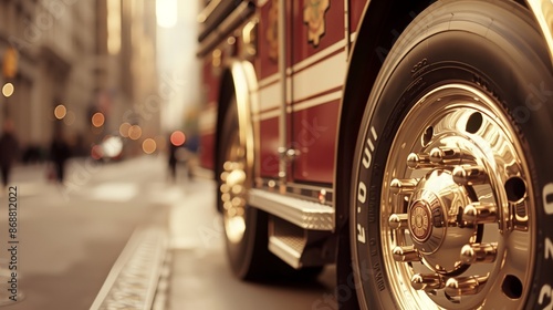 Close-up of a fire truck wheel with golden hubcaps in a city street.