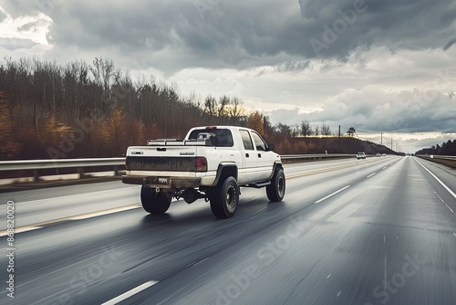 White pickup truck with black box and Off Road package driving on highway equipped for off road