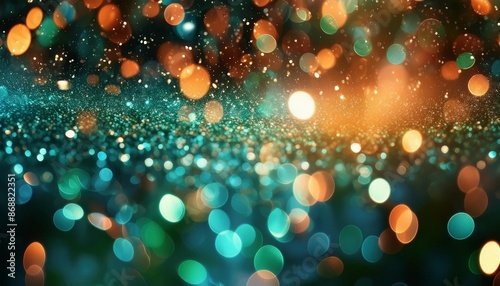 bokeh light overlay blur glitter texture shimmering water bubbles defocused verdigris green blue orange color particles on dark abstract background