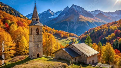 Vibrant autumn colors surround the picturesque Saint Marcellin church's bell tower in Nevache, Hautes Alpes, France, set amidst the serene Vallee de la Claree.