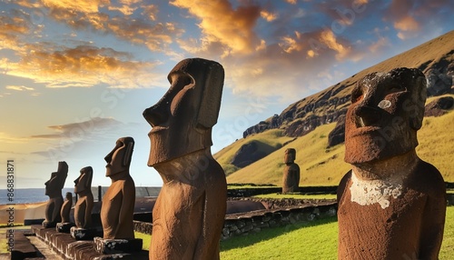 moai statues in the rano raraku volcano in easter island rapa nui national park chile