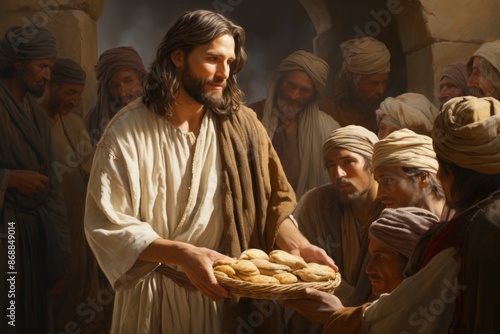  The benevolence of Jesus Christ: providing bread for the poor, a timeless gesture of compassion and empathy, reflecting the teachings of humility and service in christian tradition.