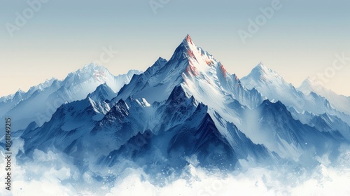 Exceptional digital artwork of a mountain range in ethereal morning light, reflecting the serene and majestic beauty of nature’s peaks and valleys, in tranquil hues.