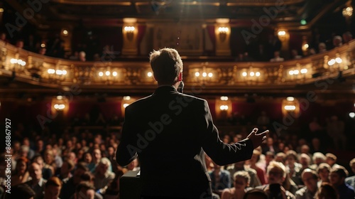 Man giving speech on stage in dimly lit theater filled with audience, view from behind, showcasing dramatic lighting and engaged crowd.