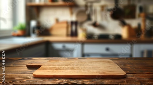 Cutting board on wooden table with blurry kitchen background