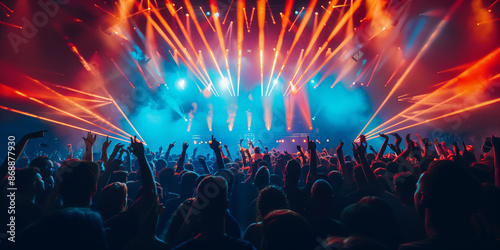 People dance in club spotlight laser lights with hands up in cinematic photography style. People crowd dancing at techno, rave or electronic music club