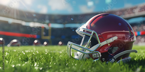 Close-up of a football helmet on the field during a sunny day in a stadium, capturing the essence of the sport and game atmosphere.