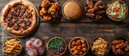 Variety of Fast Food on Wooden Table Background