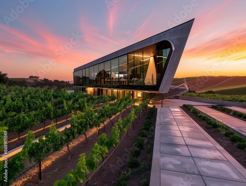 futuristic modular home with angular glass and steel structure seamlessly integrated into sprawling vineyard landscape warm sunset light reflecting off sleek surfaces