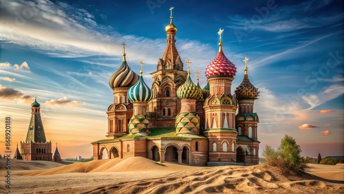 Abandoned and destroyed Saint Basil's Cathedral in Kremlin, Russia, now sits alone in the desert , Cathedral