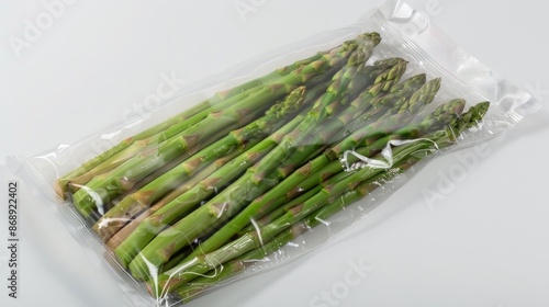 Fresh asparagus vacuum sealed rady for sous vide cooking, isolated on white background, top view.