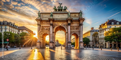 Magnificent triumphal arch stands proudly at center of bustling city, intricate carvings adorn ancient columns, morning sunlight casts long shadows on cobblestone streets.