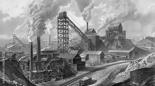 Black and white illustration of a coal mine in operation