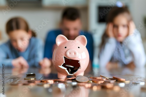 Family worried expressions, broken piggy bank and scattered coins illustrating insufficient emergency fund