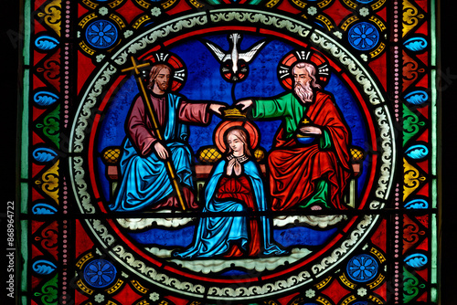 The Coronation of the Virgin Mary, Mother of God, in heaven by the Holy Trinity. Le Couronnement de la Vierge Marie, Mère de Dieu, au paradis par la Sainte Trinité. 