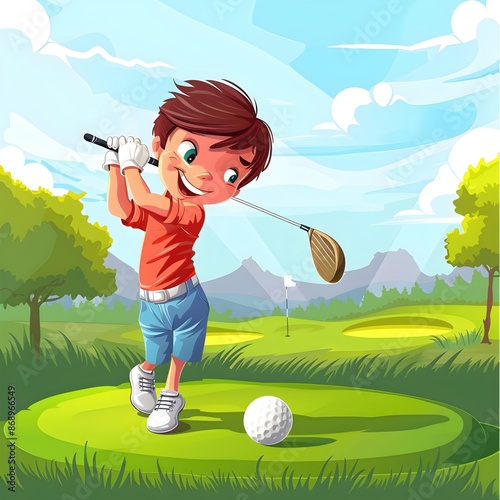 Cheerful Cartoon Golf Player Boy Swinging His Club in Lush Green Landscape with Mountains