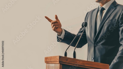 Man in a suit delivers a speech at a podium, emphasizing a point with a gesture. The image highlights the professionalism and authority of public speaking.