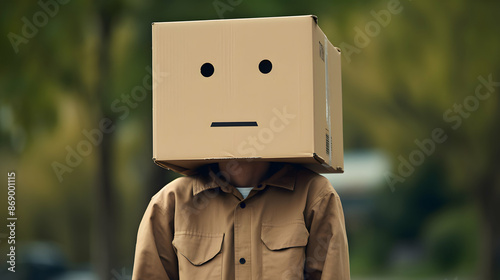 Man with cardboard on his head with emotionless emoticon drawn on it