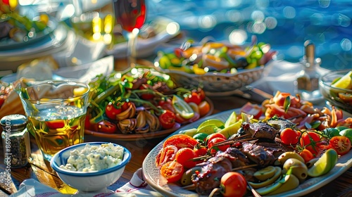 Abundant Greek Seaside Banquet with Tender Lamb Kebabs Flaky Feta Filled Phyllo Cool Refreshing Tzatziki and Colorful Tomato Cucumber Salad