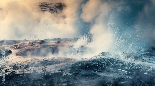 Bubbling geysers and hot springs creating steaming image