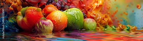 Colorful Fruit Splash in Water - Abstract Composition with Apples and Green Apple, beta carotene