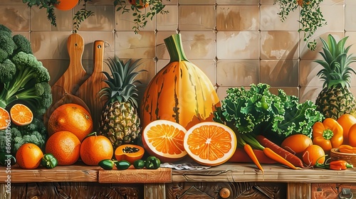 Still Life with Fruit, Vegetables, and Pineapples on a Rustic Wooden Table, beta carotene