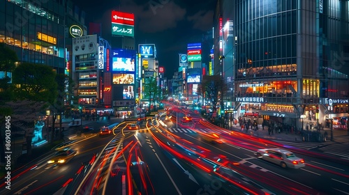 Tokyo Shibuya area panoramic view with car light trails at night : Generative AI