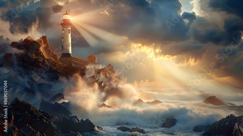 Rocky coast with a lighthouse illuminating picture