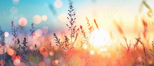 Beautiful summer or autumn nature backdrop with banner wild flowers over sunset sky meadow