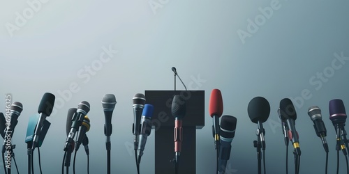 A podium equipped with multiple microphones stands ready for an upcoming speech against a plain background, indicating an impending announcement or press briefing.