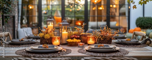 Beautiful table setting with pumpkins, candles, and floral decorations during sunset, creating a warm, festive ambiance