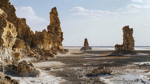 Limestone prehistoric chimneys geological rock formations salt lake Abbe Dikhil region Djibouti : Generative AI