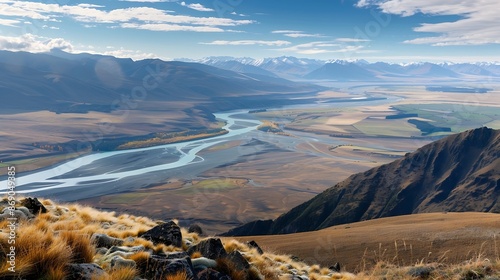 Rakaia River and Lake Coleridge from Peak Hill summit 1240m : Generative AI