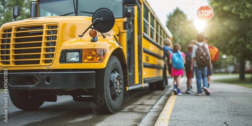 Children with backpacks are boarding a large yellow school bus, halted at a stop sign on a suburban street, indicating the beginning of their school day journey.