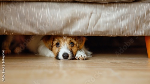 Adorable puppy dog hiding under sofa at home : Generative AI