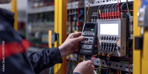 A worker inspects an electrical panel using a measuring device to ensure proper functioning of the electrical components, highlighting precision and safety in electrical work.