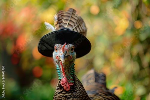 A close-up view of a turkey wearing a hat, showcasing a whimsical and festive appearance, A whimsical turkey wearing a pilgrim hat