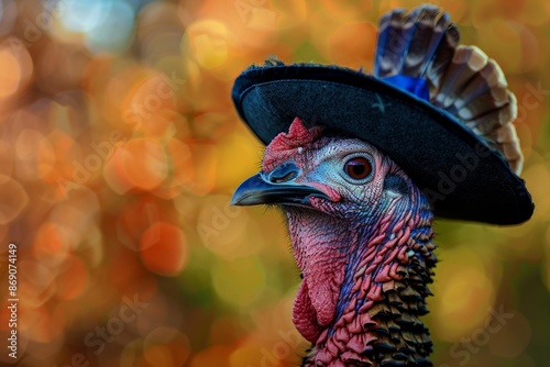 A detailed view of a turkey donning a traditional pilgrim hat, A whimsical turkey wearing a pilgrim hat