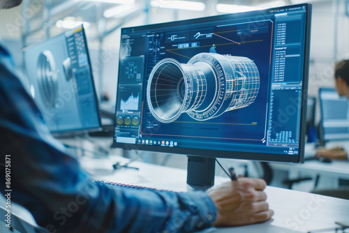 Engineer drafting complex jet engine blueprint CAD