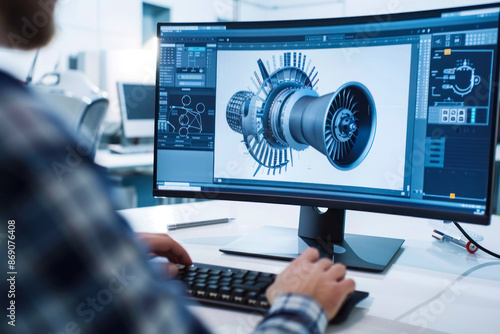 Engineer refines jet engine CAD model on monitor.