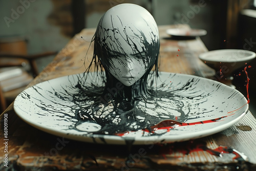 Egghead ghost with a girl's face in black paint on a plate